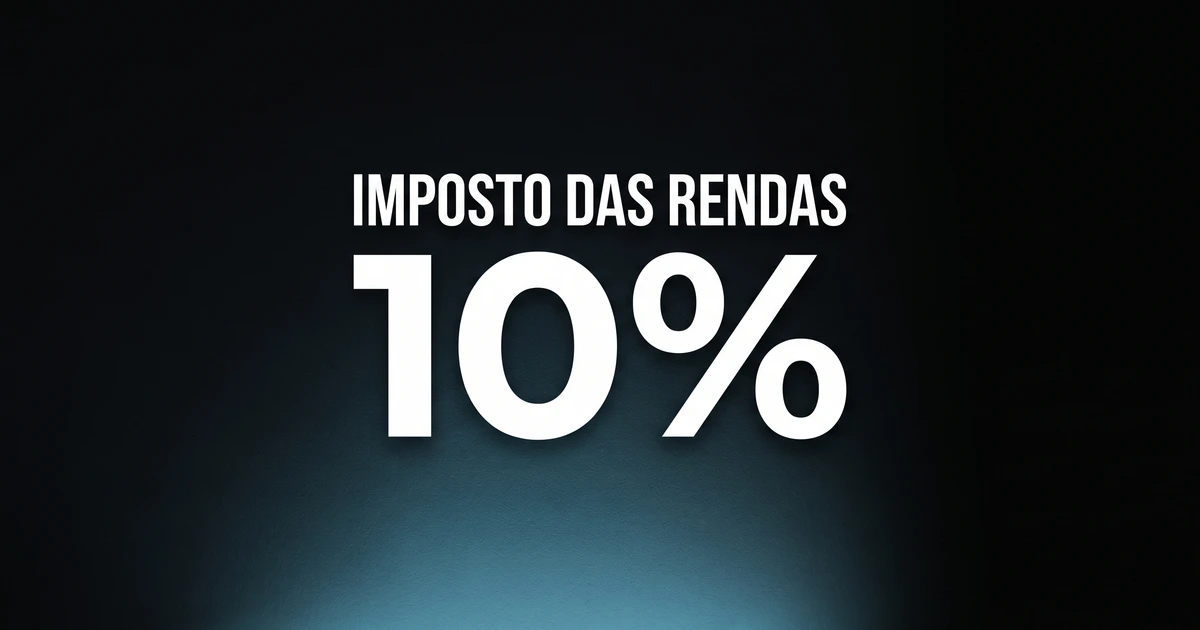 As palavras “Imposto das rendas” e, por baixo, “10%” em letras brancas sobre fundo preto, com uma luz azul a entrar pela esquerda.